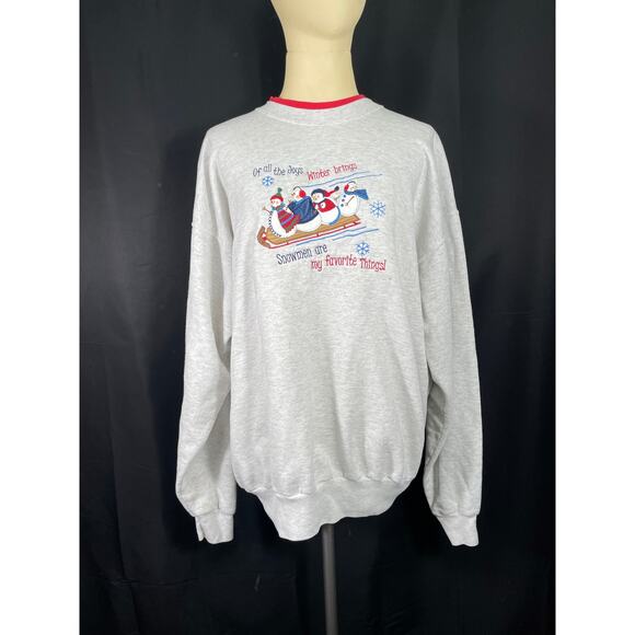 Vintage Holiday Crewneck Sweatshirt, Snowmen Sledding, Adorable Christmas Top - Picture 1 of 6